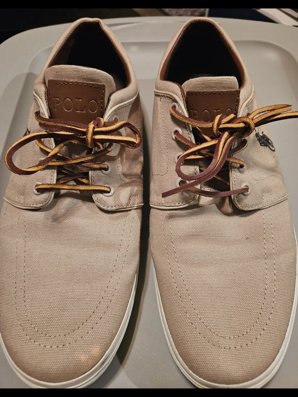 Polo by Ralph Lauren Faxon Beige/Tan Canvas Boat Shoes with Leather Accents